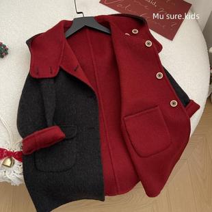 秋冬季两面穿大衣儿童双面羊绒外套双色中长款2024男童女童亲子款