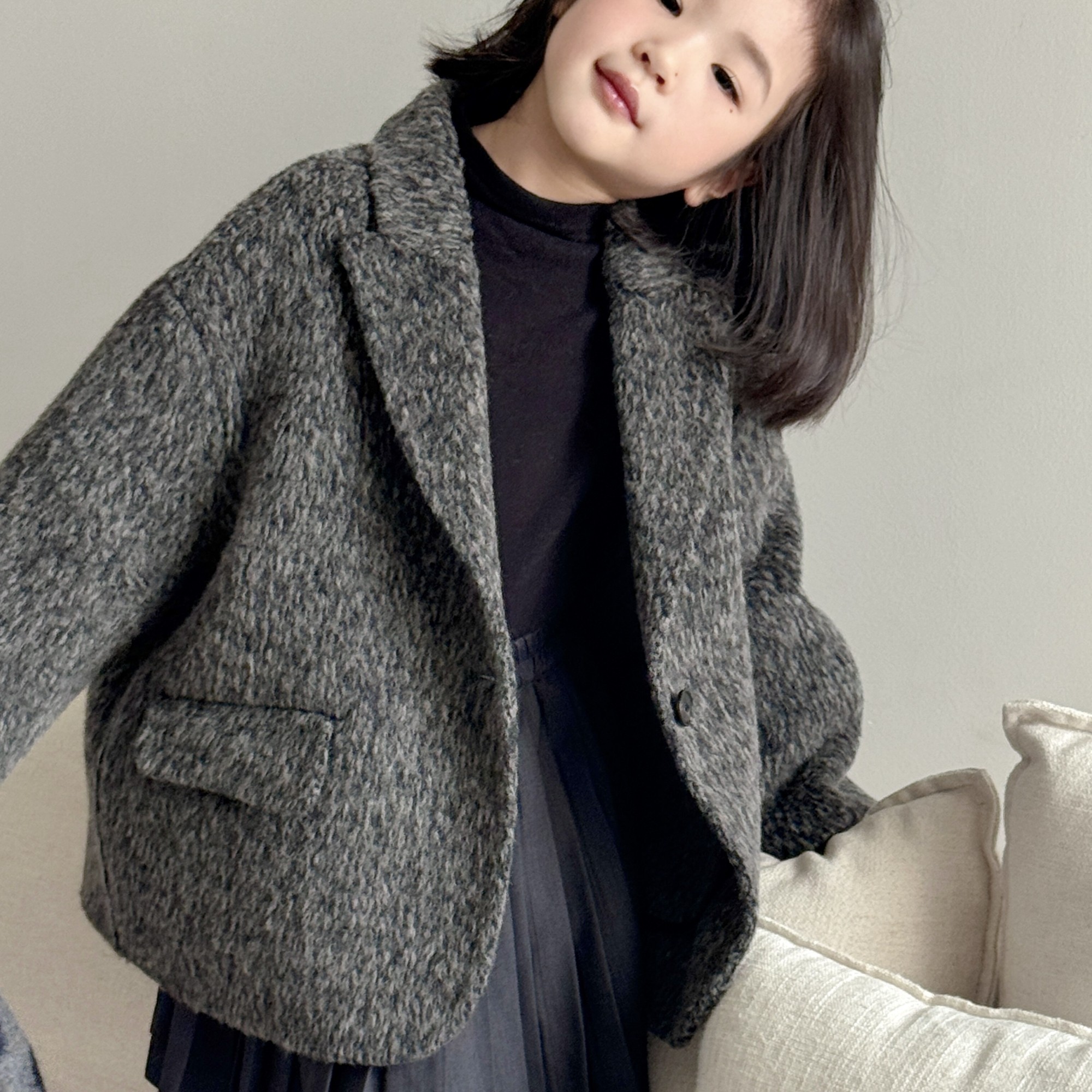 圆阔型潮童短款西装男童女童双面羊毛手工大衣韩国童装小个子外套