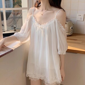 一字肩网纱睡衣套装胸垫家居服薄款女士纯欲公主风春夏宫廷#333