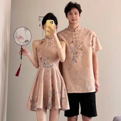 情侣装 夏装 国风改良旗袍穿搭结婚高级感短袖 新中式 套装 一裙一衣潮
