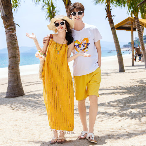 沙滩情侣装夏季t恤套装海南三亚海边度假波西米亚连衣裙一裙一衣