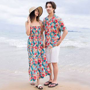 夏威夷风海边度假情侣装 三亚拍照 吊带连衣裙旅游沙滩长裙穿搭套装