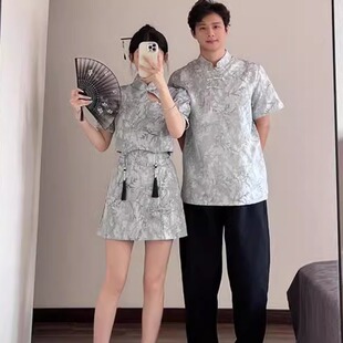新中式情侣装夏季小众设计感t恤女两件套国风改良旗袍一裙一衣ins
