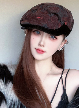 新款秋冬绒面前进帽子女韩版网红亮片鸭舌帽显脸小贝雷帽画家帽