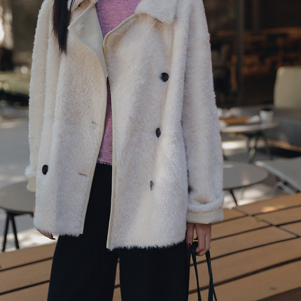 颖颖家 超软细腻 进口拉贡皮毛一体两面穿时尚宽松皮草外套 W1522