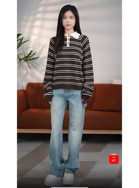 颖颖家 文艺复古超软糯羊毛小镂空POLOU领条纹针织衫 宽松 W1889