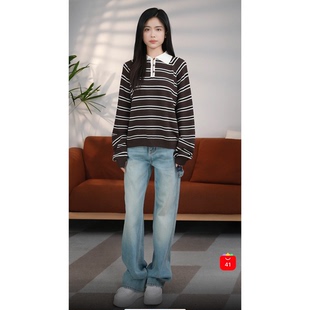 颖颖家 文艺复古超软糯羊毛小镂空POLOU领条纹针织衫 宽松 W1889