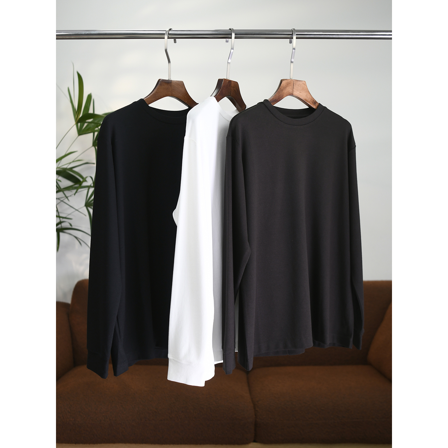 【颖颖家】云感磨毛 山羊绒桑蚕丝再生纤维混纺圆领长袖T恤 W1496