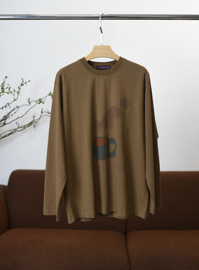 【颖颖家】柔软轻薄！ 长绒棉印花圆领宽松长袖T恤 百搭减龄W1296