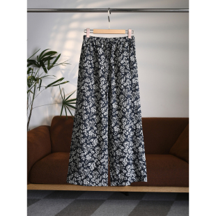 全棉府绸裸感复古山茶花碎花阔腿裤 闭眼入 松紧腰W1949 颖颖家