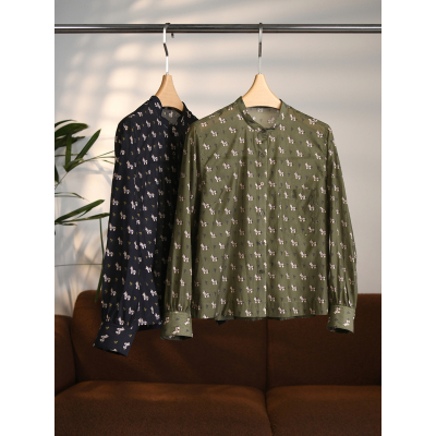 【颖颖家】品控入~有机天然桑蚕丝棉混纺复古小马长袖衬衫W2181