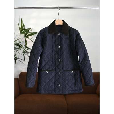 颖颖家 柔软细滑 灯芯绒拼接小翻领大口袋菱格绗缝夹棉外套 W1497