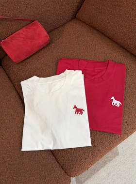 【颖颖家】马年限定~小马立体刺绣丝光棉圆领正肩短袖T恤W1886