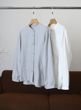 【颖颖家】进口棉 日系简约小立领竖条提花开叉衬衫 宽松 女W1426