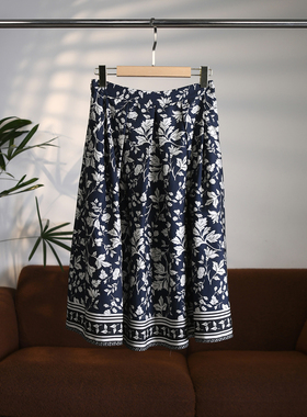 【颖颖家】SHE牌同源花卉褶裥莱赛尔亚麻双面印花半身摆裙W2048