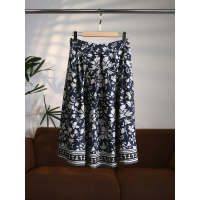 【颖颖家】SHE牌同源花卉褶裥莱赛尔亚麻双面印花半身摆裙W2048