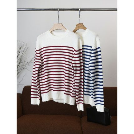 【颖颖家】软糯羊毛羊绒混纺螺纹边落肩条纹针织衫 宽松休闲W1353