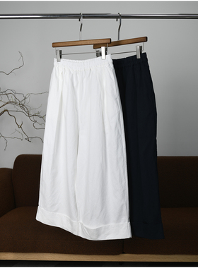 【颖颖家】亚麻翻边 休闲直筒阔腿裤 百搭女 简约时尚 显瘦 W672