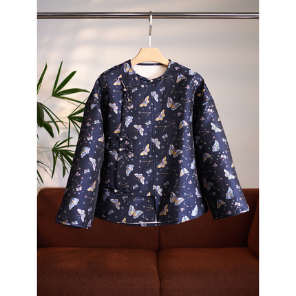 六重纬真丝宋锦蝴蝶提花双层加厚羊毛内里斜襟盘扣中式上衣 W1717