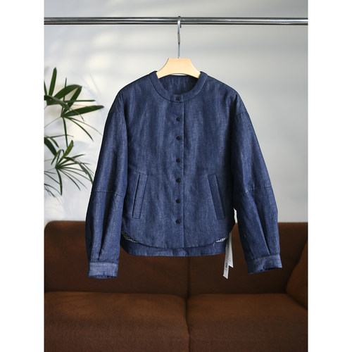 颖颖家 极简牛仔蓝亚麻棉混纺圆领落肩单排暗扣夹棉短外套 W1621