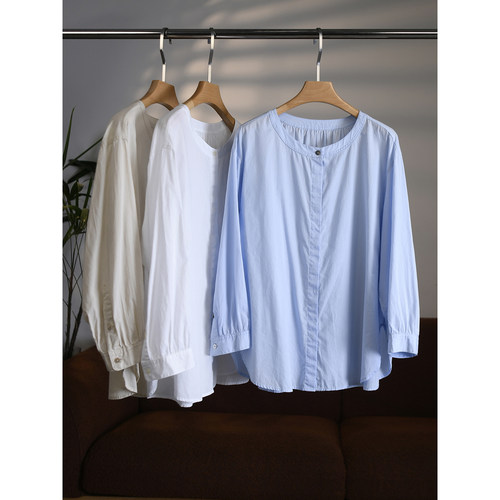 【颖颖家】日系色织棉细竖条纹清新文艺圆领阔版分袖衬衫W2039