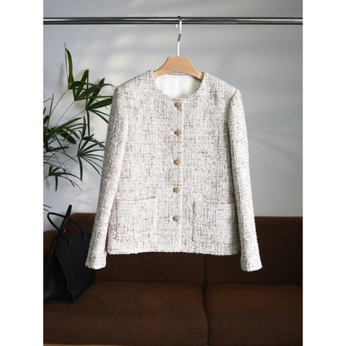 颖颖家 香家意大利进口粗花呢羊毛混纺织金亮片圆领气质外套W1525