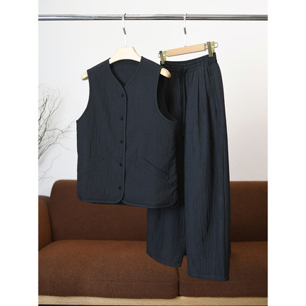 【颖颖家】紧密竖线压线绗棉马甲松紧腰九分裤套装 轻奢简约W1355