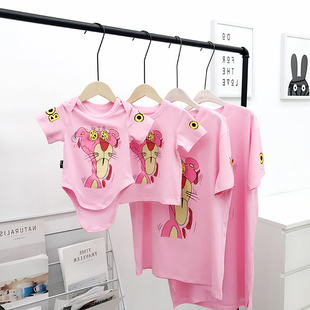 婴儿哈衣亲子装 T恤母子母女全家装 一家三口四口粉色纯棉短袖 夏装