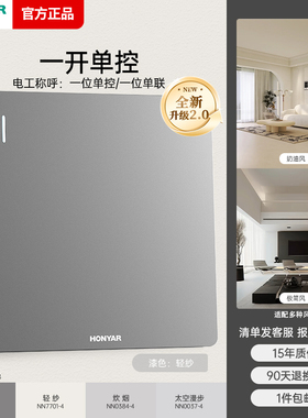 鸿雁1位1开一开双控 暗线单开双联开关插座面板大翘板银灰色86型