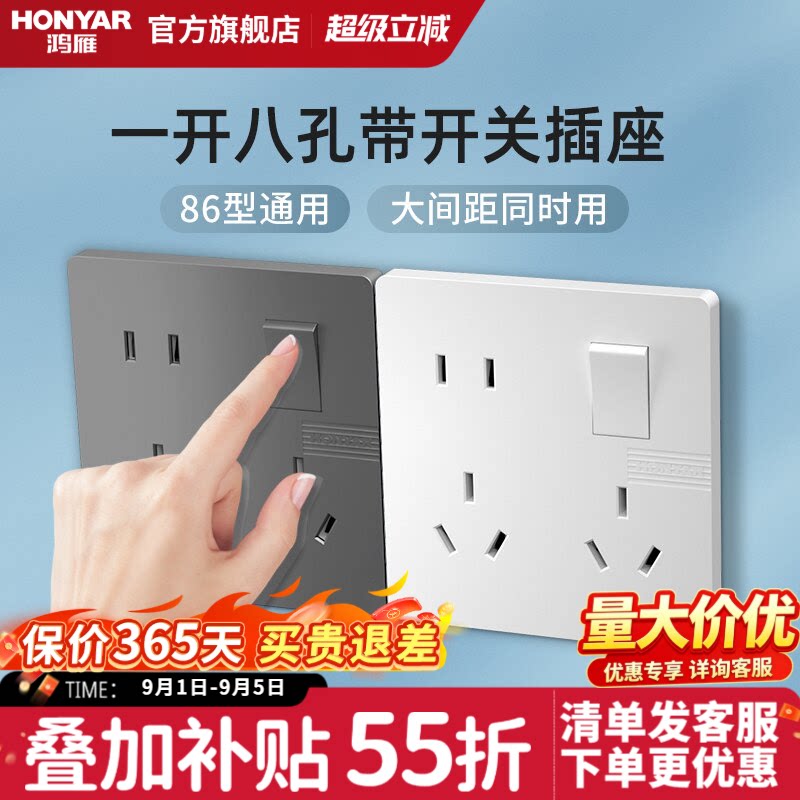 鸿雁86型一开八孔插座带开关图片