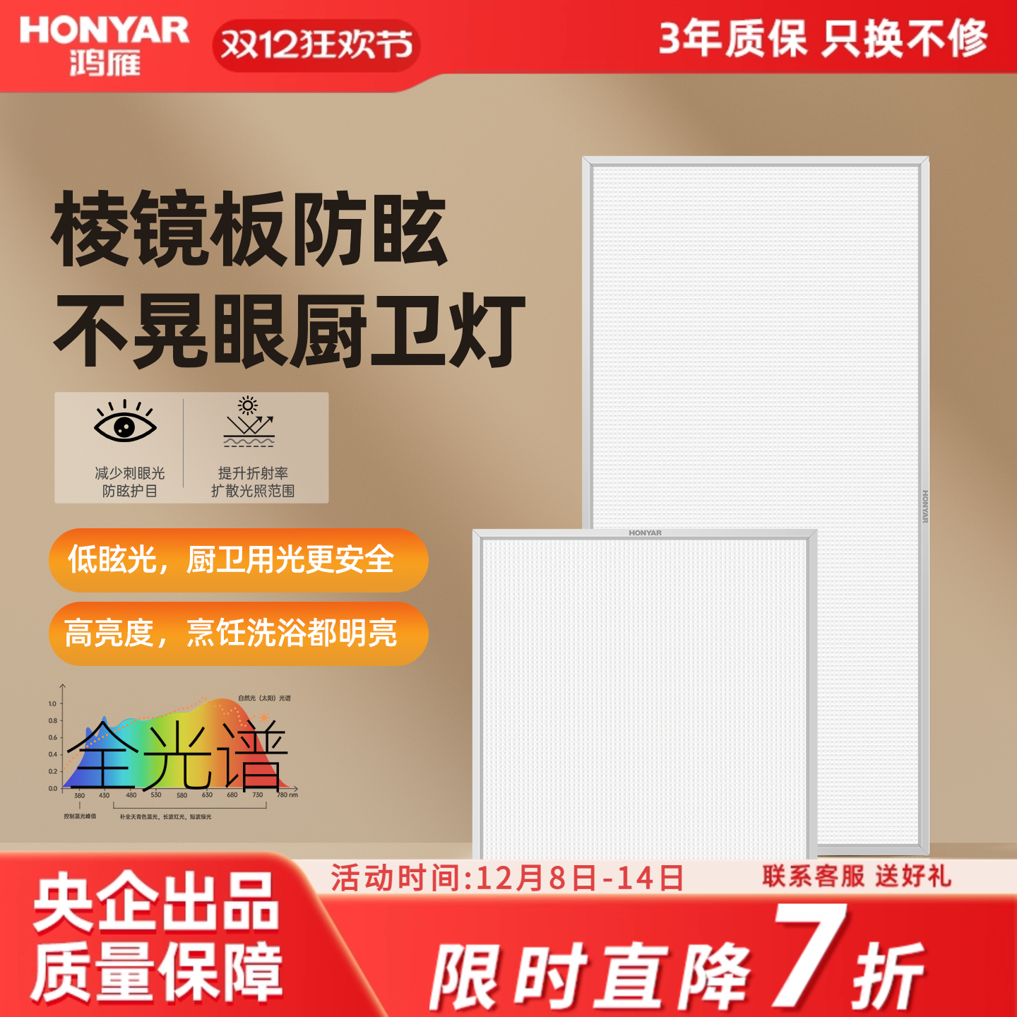 鸿雁LED防尘防潮厨房面板灯