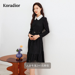 Koradior珂莱蒂尔黑白撞色娃娃领蕾丝长袖 收腰连衣裙 法式