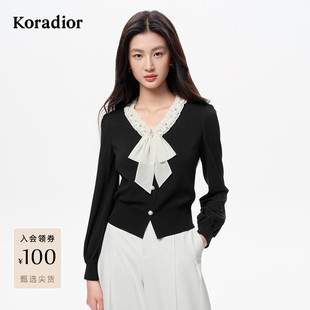 【星光针织】珂莱蒂尔2025年秋新蝴蝶结领毛衫香风套头针织衫女