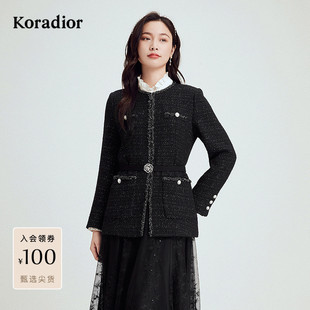 珂莱蒂尔秋季款气质通勤无领羊毛呢修身利落可通勤香风外套女