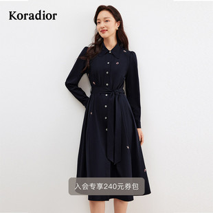 珂莱蒂尔春季 气质连衣裙 百搭系带收腰显瘦法式