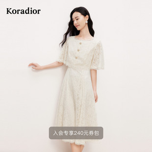 收腰设计感气质中长裙 珂莱蒂尔蕾丝连衣裙女短袖 千金风