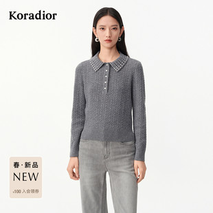 珂莱蒂尔三明治穿搭2026春手工钉珠MIU系气质翻领套头长袖针织衫