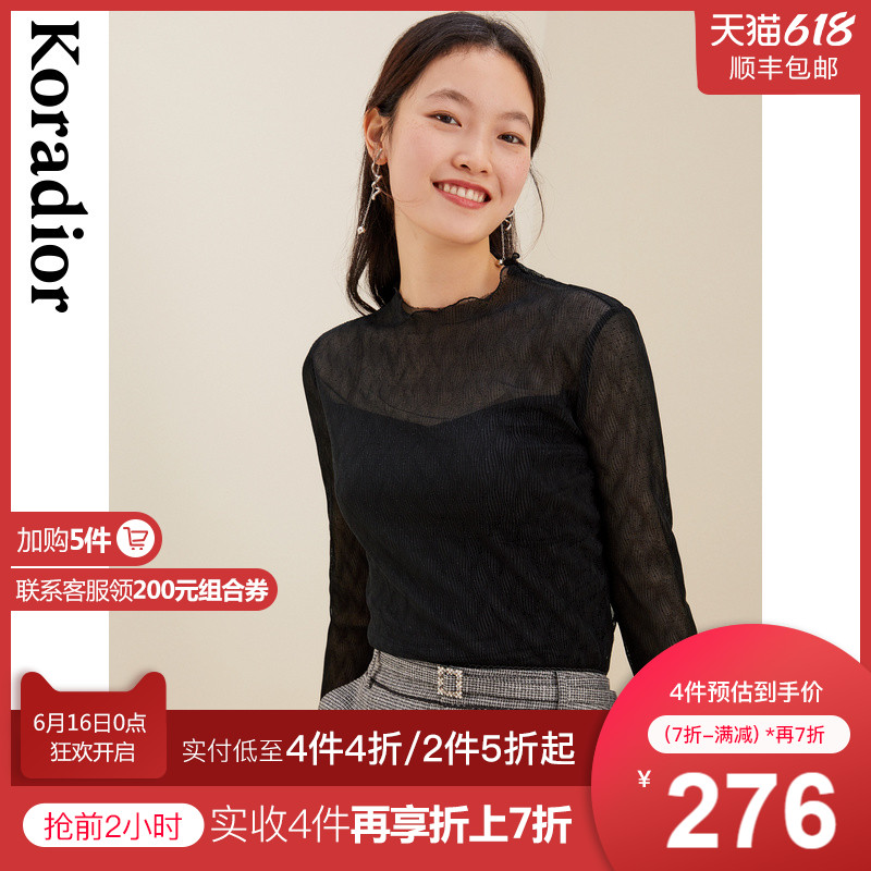 珂莱蒂尔2021年女新款黑色高端优雅时尚蕾丝显瘦长袖上衣薄款