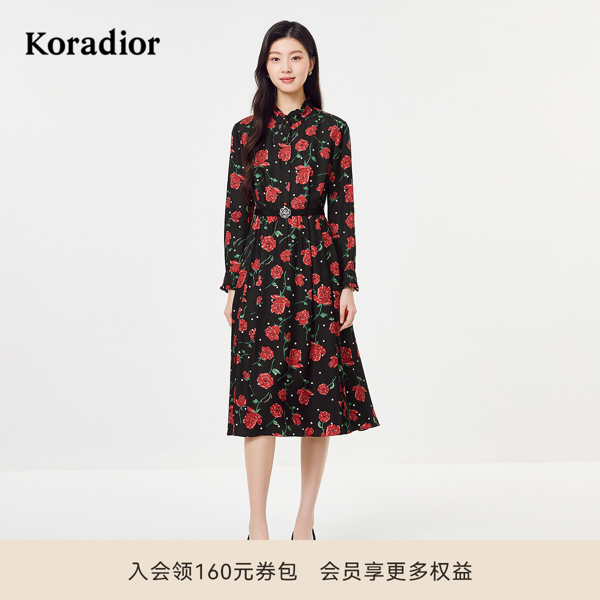 珂莱蒂尔2025年春季新款羊毛优雅玫瑰印花礼服设计感典雅连衣裙女