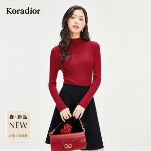 珂莱蒂尔100绵羊毛薄款喜庆过年红色打底高领三明治穿搭针织衫