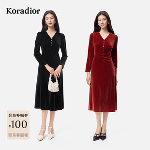 珂莱蒂尔2025秋新款丝绒气质长袖礼服款连衣裙女