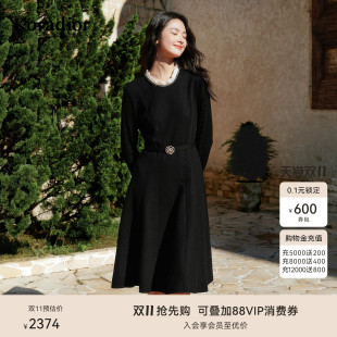 珂莱蒂尔冬气质减龄腰带修身 100绵羊毛小黑裙连衣裙 蕾丝袖