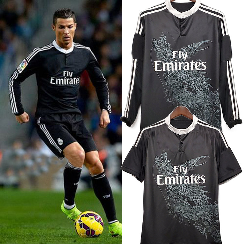 14 15赛季皇马复古球衣欧冠长袖黑龙c罗贝尔本泽马足球服定制