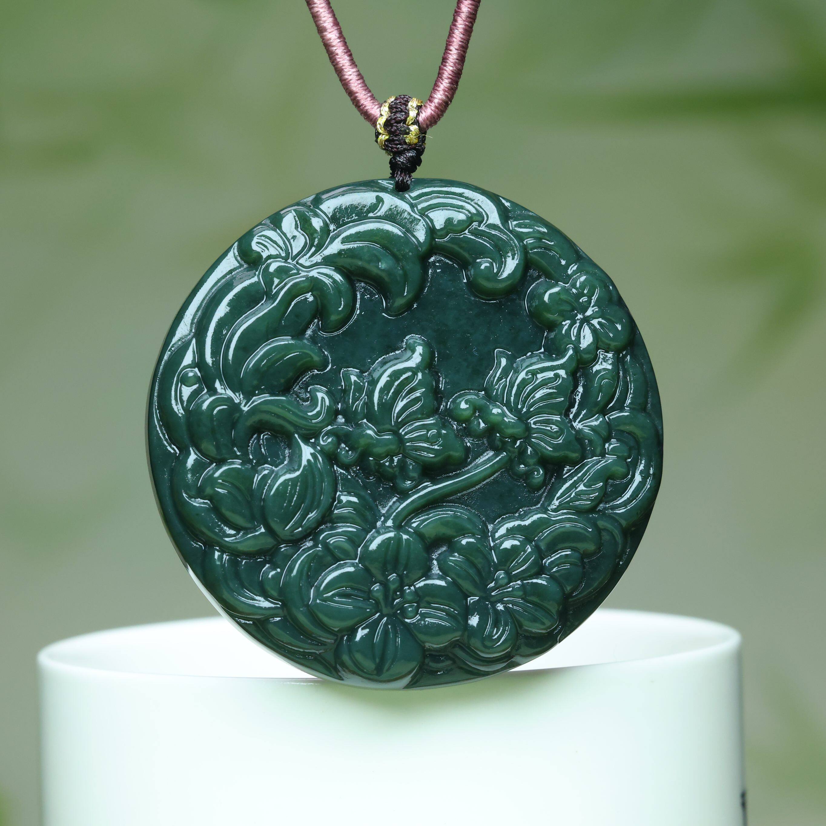 正品新疆和田玉花开富贵玉石吊坠天然墨绿青玉花朵玉佩项链毛衣链