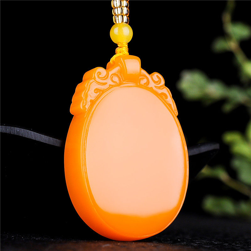 和田玉平安牌挂件黄龙玉平安玉坠黄玉平安无字玉牌双龙守护神吊坠