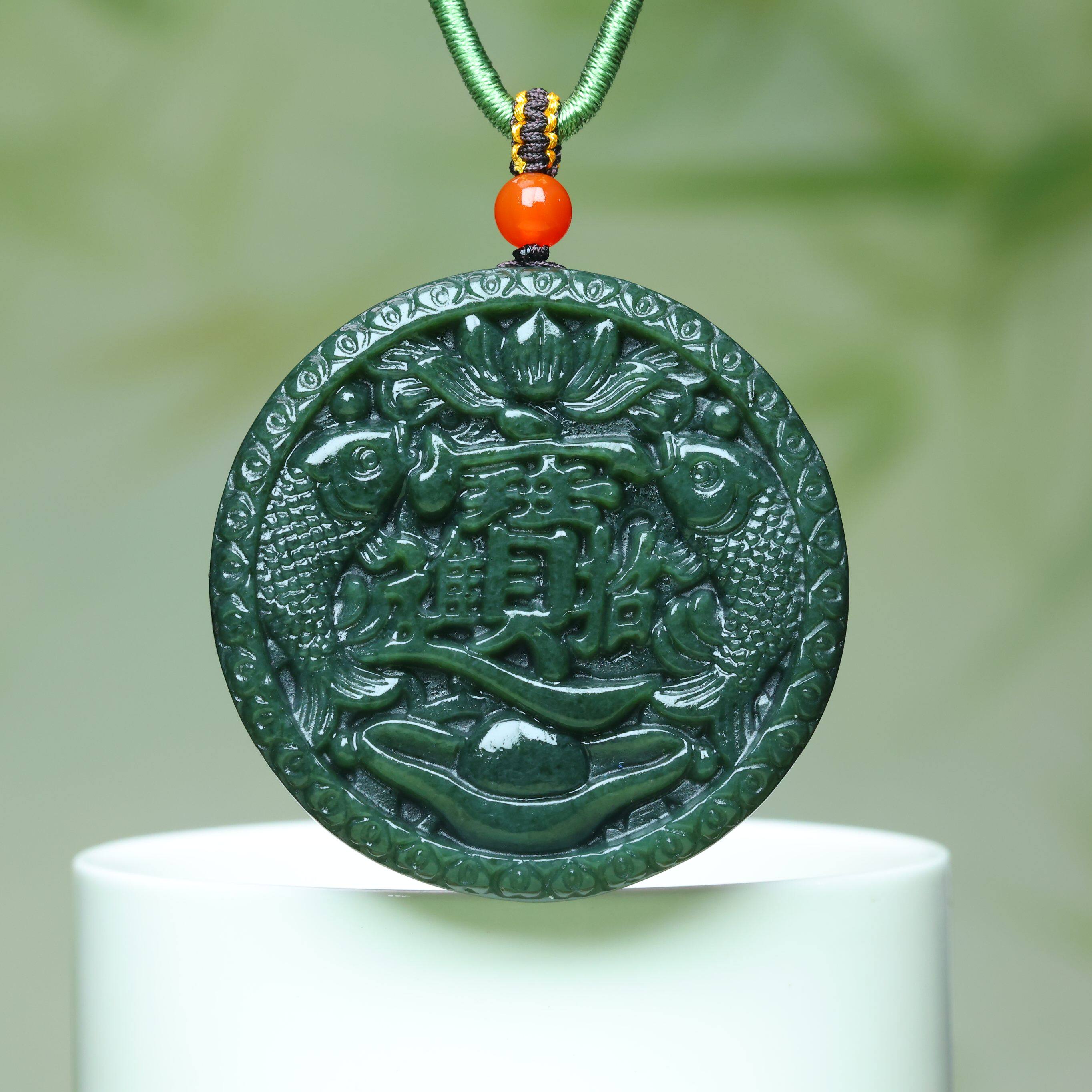 新疆和田玉招财进宝玉吊坠黑墨绿青玉双鱼挂件招财风水玉佩车挂坠