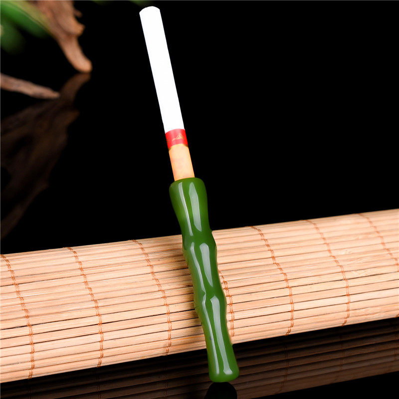 和田玉烟嘴菠菜绿碧玉竹节烟杆玉烟嘴碧玉节节高升烟斗吸烟过滤器