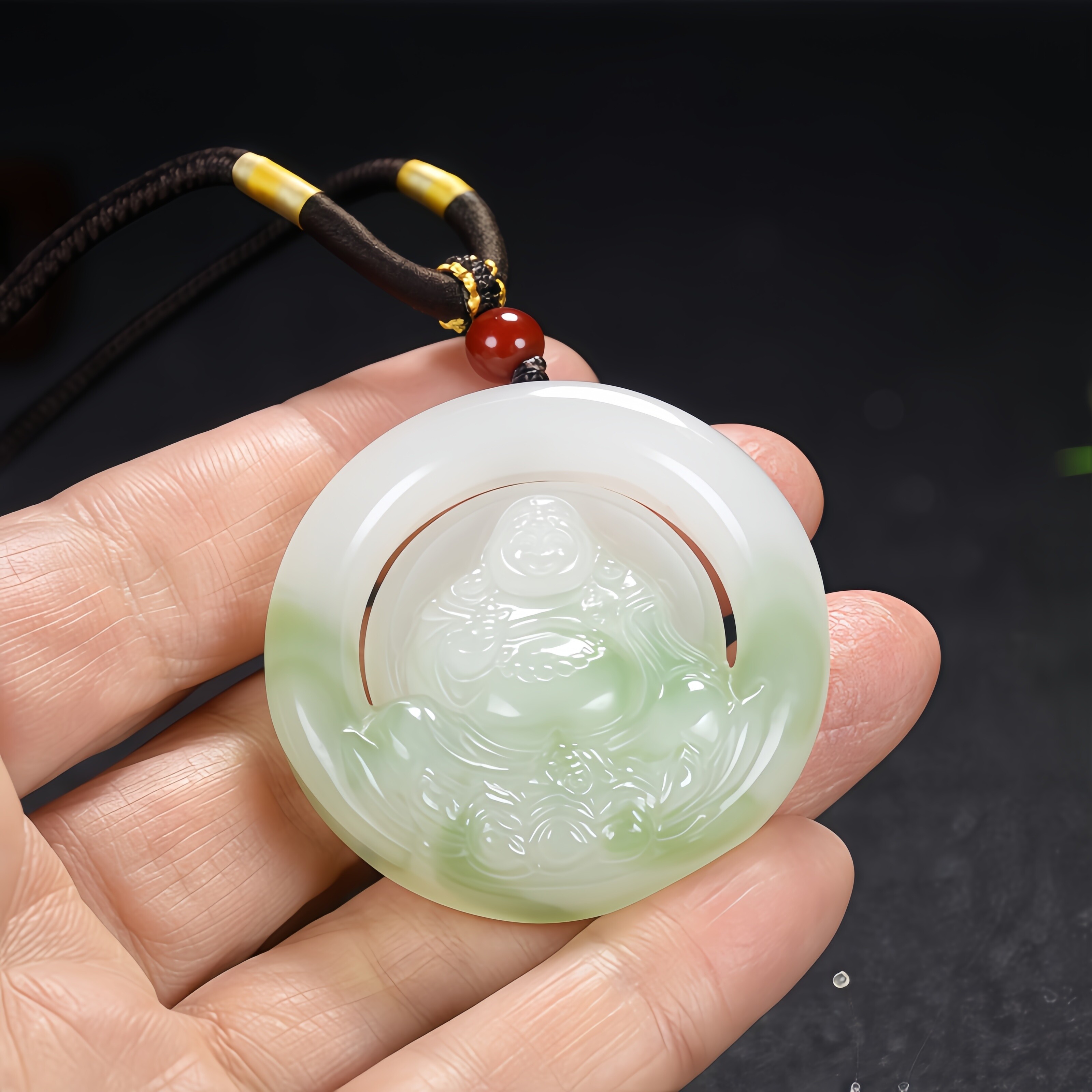 天然和田玉翠青镂空玉佛吊坠女款笑佛弥勒佛大肚佛项链挂件平安扣