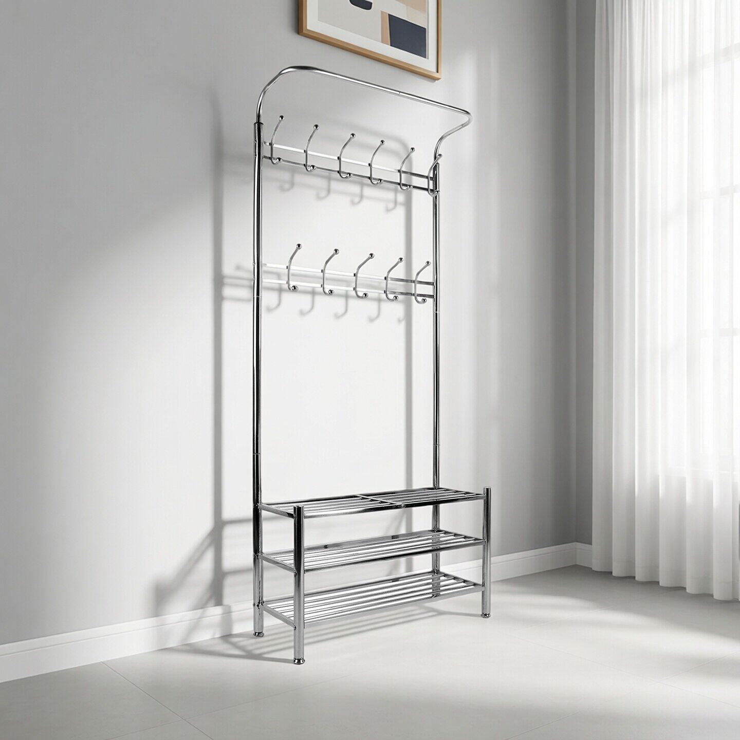 现代创意不锈钢落地衣帽架组装家用门厅卧室客厅简约组合挂衣鞋架