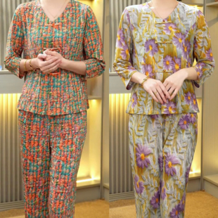 中老年套装 上衣 花色薄款 碎花新款 常规 夏装 妈妈装 子女装 中袖 裤